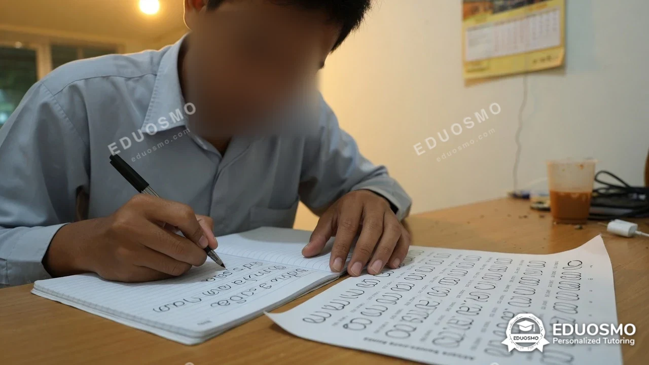 Tutor Eduosmo mendampingi siswa belajar aksara sunda di Bandung