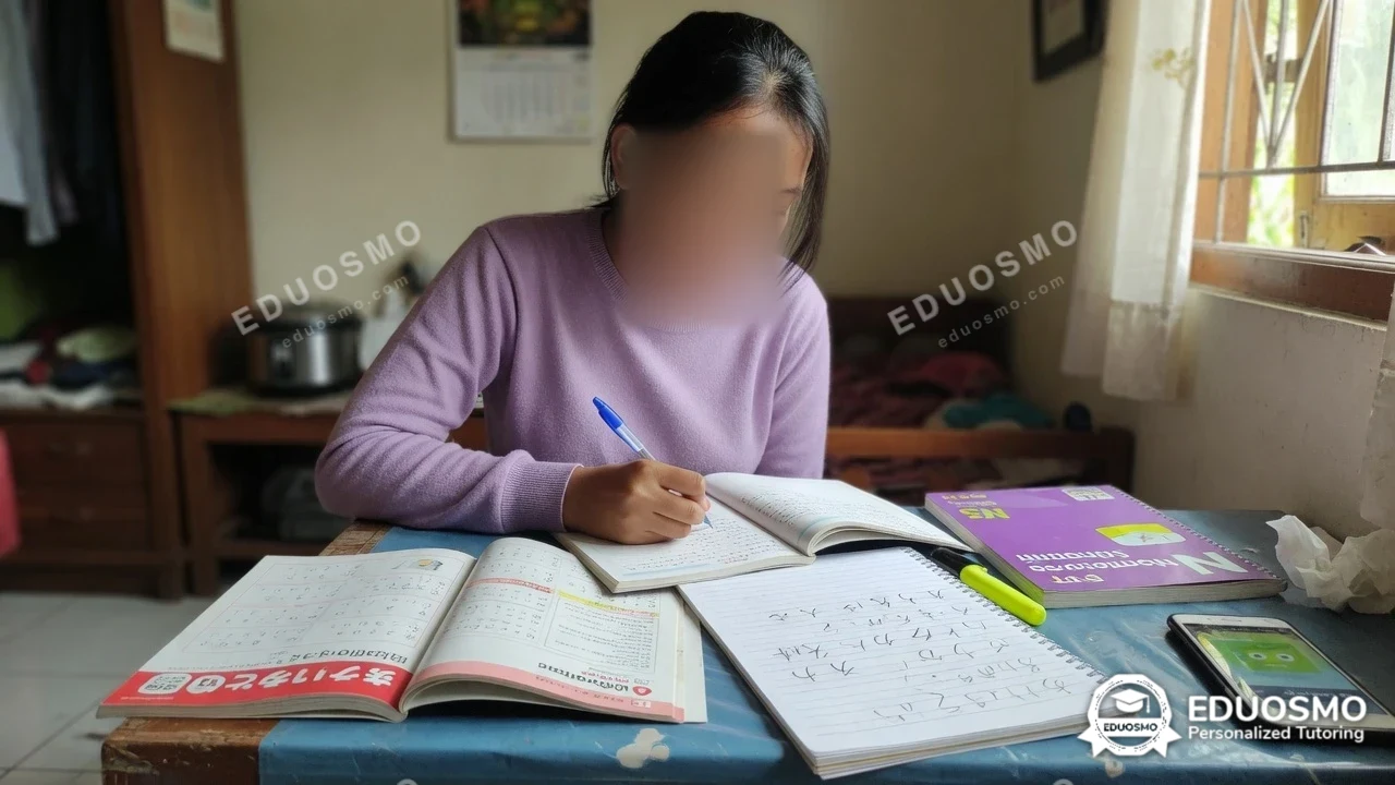 Tutor Eduosmo mendampingi siswa belajar bahasa jepang di Bandung