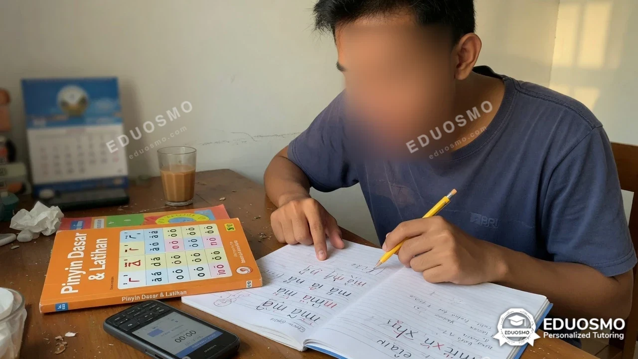 Tutor Eduosmo mendampingi siswa belajar mandarin di Bandung